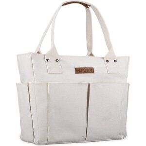 Women White Lattice Premium Large Utility Canvas Tote Bags with Pockets Zip Top